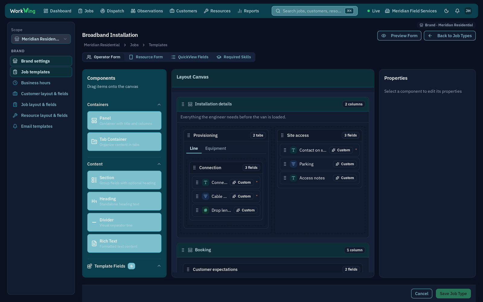 WorkWing job type builder, showing an installation form laid out as panels, tabs and fields on a drag-and-drop canvas