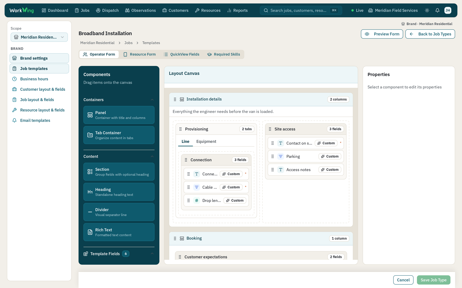 WorkWing job type builder, showing an installation form laid out as panels, tabs and fields on a drag-and-drop canvas