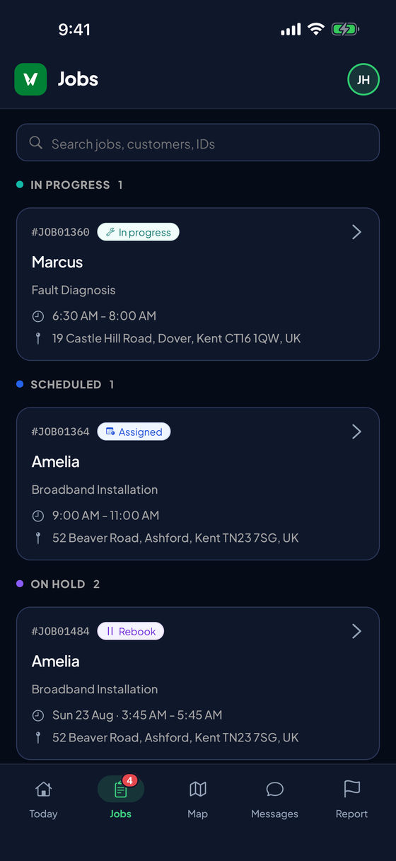 WorkWing mobile app Jobs screen listing the engineer's assigned jobs with status and time windows