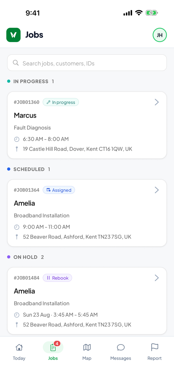 WorkWing mobile app Jobs screen listing the engineer's assigned jobs with status and time windows