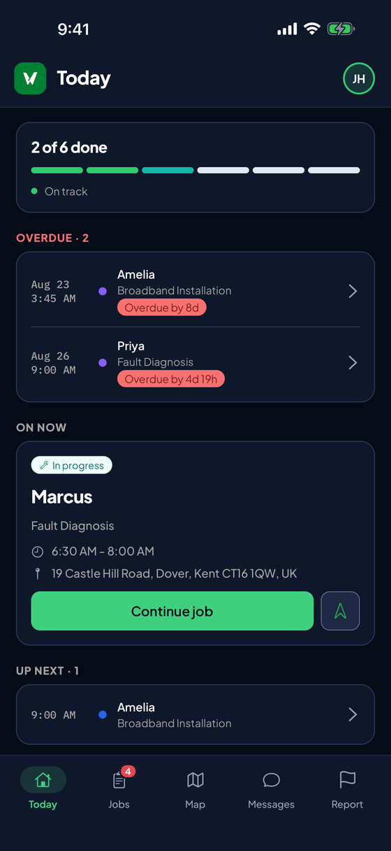 WorkWing mobile app Today screen showing the engineer's job progress, the job on now, and upcoming jobs