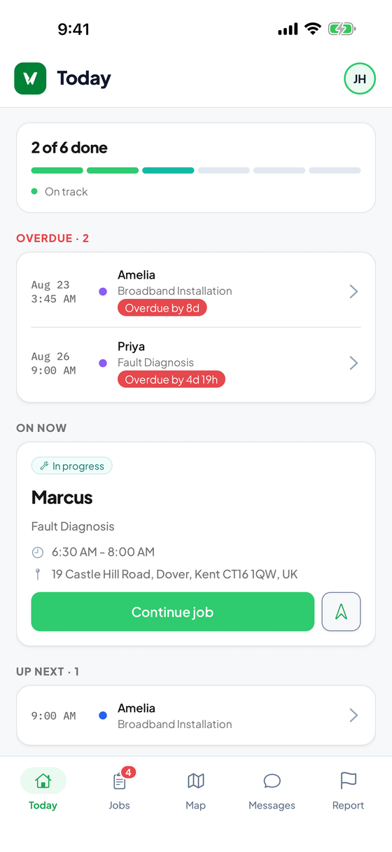 WorkWing mobile app Today screen showing the engineer's job progress, the job on now, and upcoming jobs